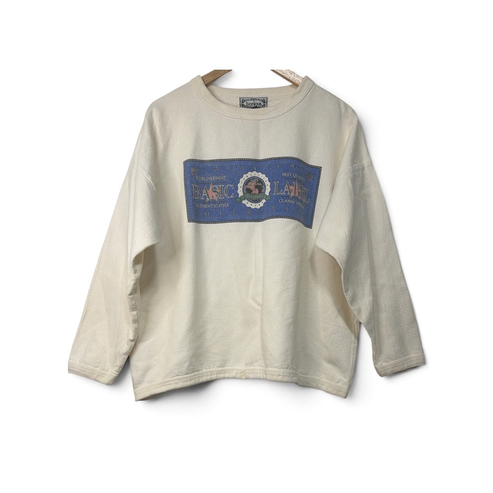 Vintage Bonjour Basic Label Pullover Sweatshirt Cream Graphic Made in USA OSFA